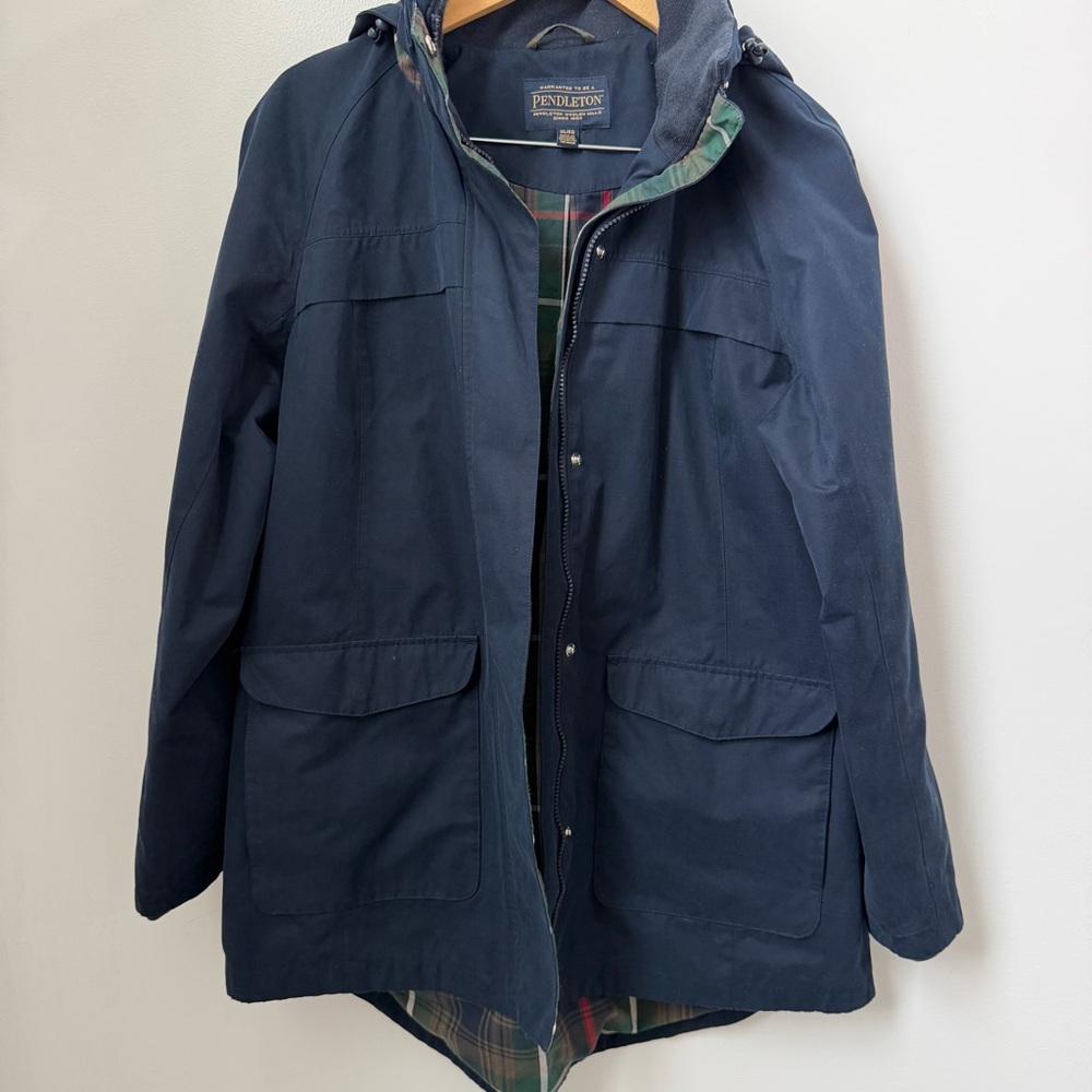 Pendleton Navy Field Jacket Hideaway Hood Plaid Lined Utility Coat XL Heritage G - Picture 5 of 8